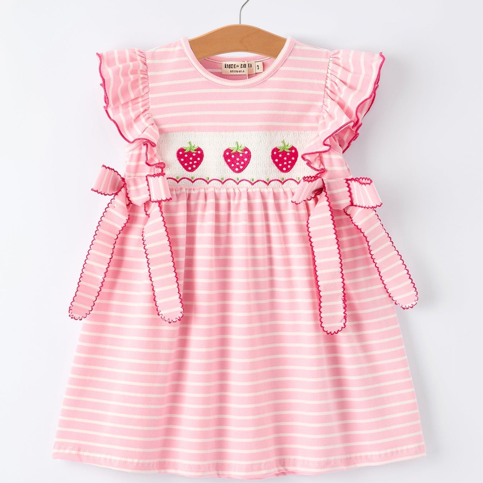 Girls Strawberry Embroidered Pink Stripe Smocked Dress - Cotton Blend