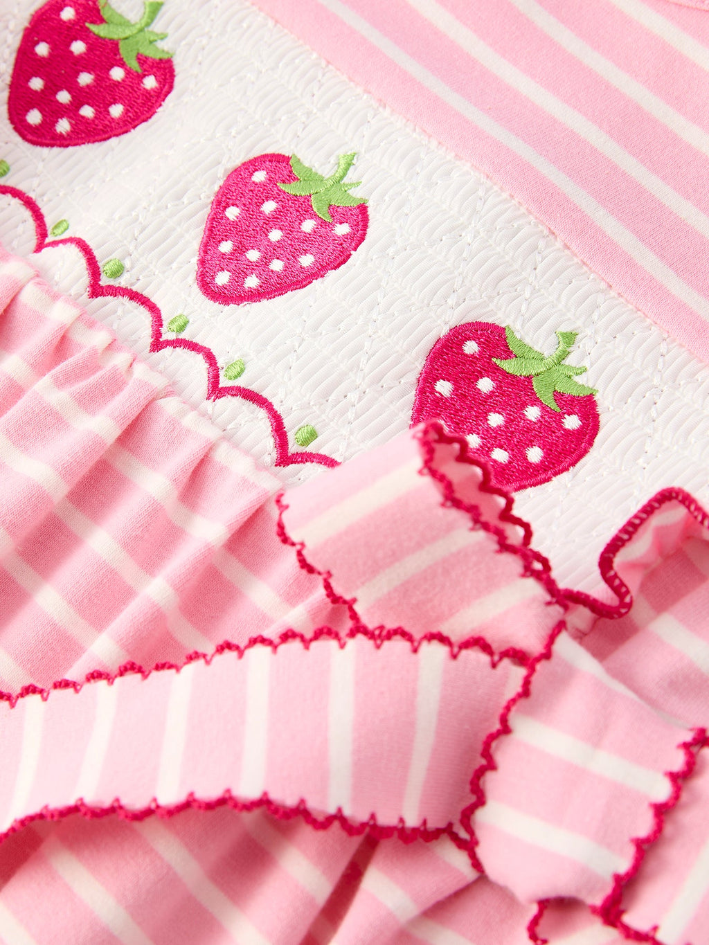 Girls Strawberry Embroidered Pink Stripe Smocked Dress - Cotton Blend