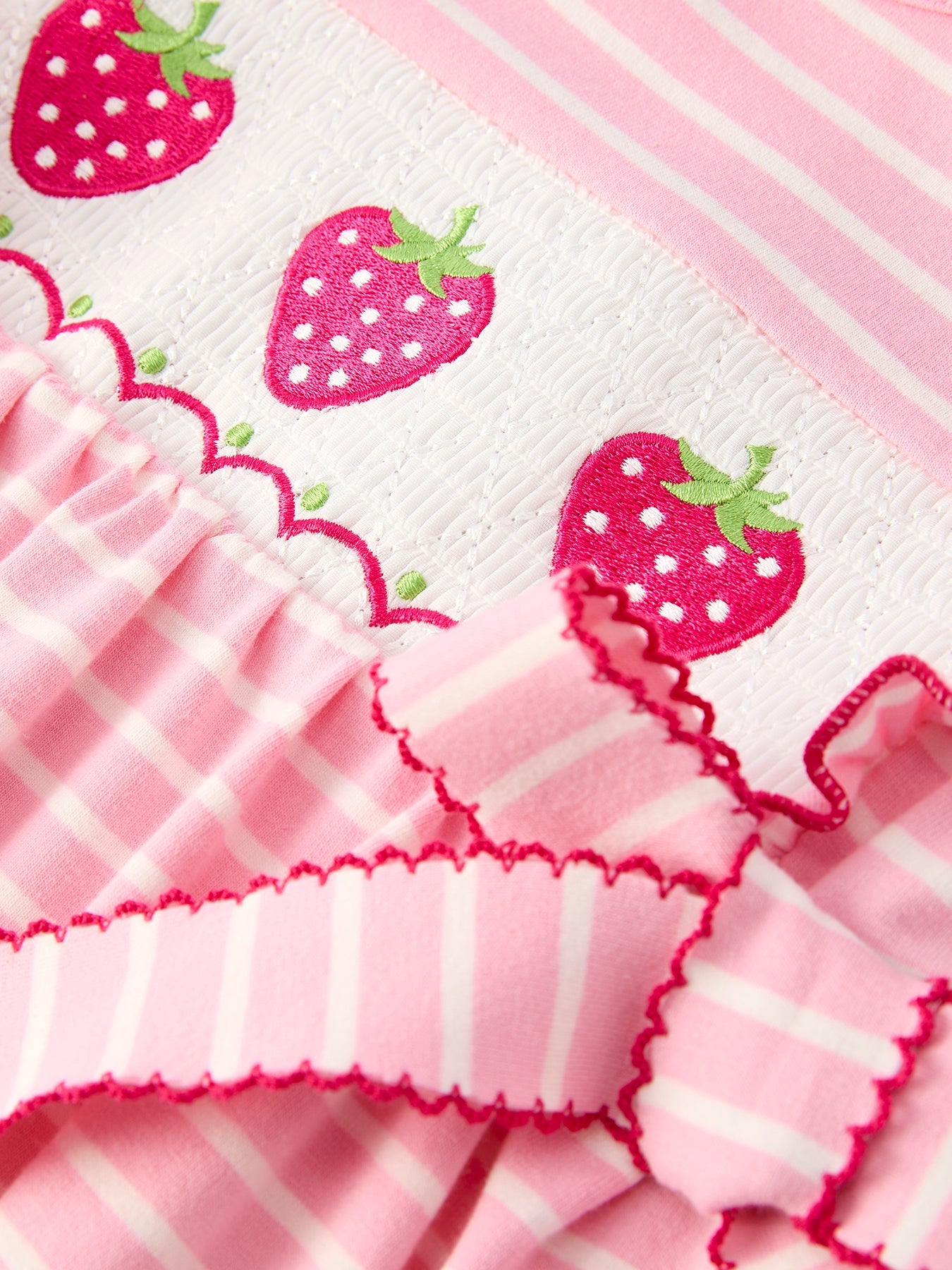 Girls Strawberry Embroidered Pink Stripe Smocked Dress - Cotton Blend