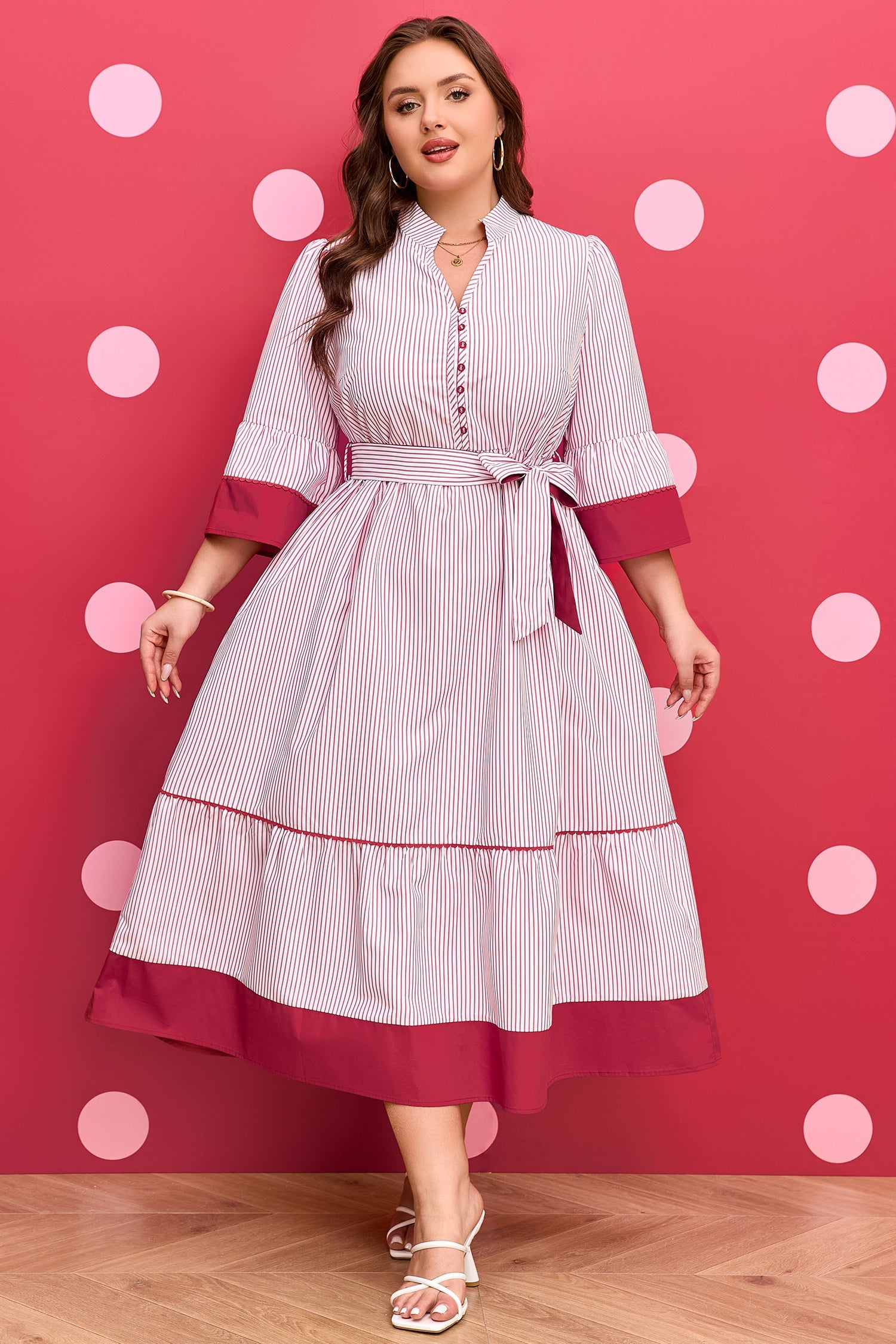 Plus Size Pinstripe Midi Dress with Ruffle Hem & Tie Belt