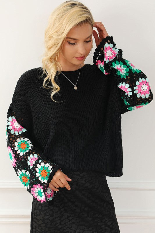 Black Floral Crochet Bell Sleeve Sweater - Relaxed Fit Boho Style