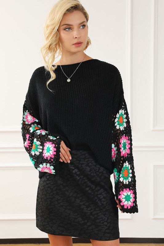 Black Floral Crochet Bell Sleeve Sweater - Relaxed Fit Boho Style