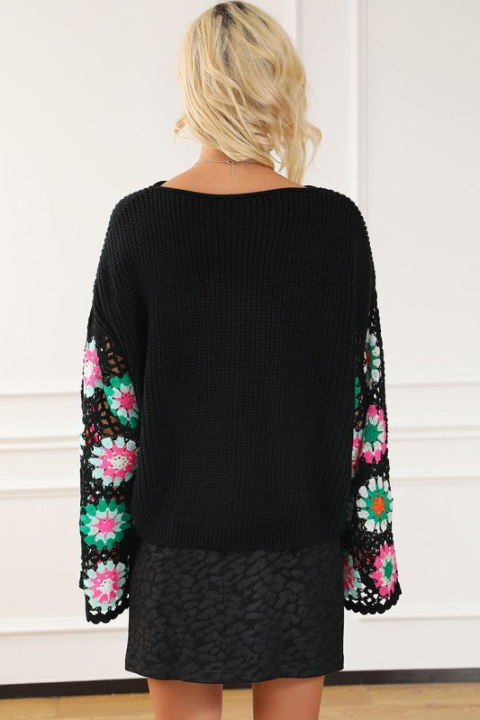 Black Floral Crochet Bell Sleeve Sweater - Relaxed Fit Boho Style