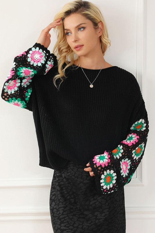 Black Floral Crochet Bell Sleeve Sweater - Relaxed Fit Boho Style