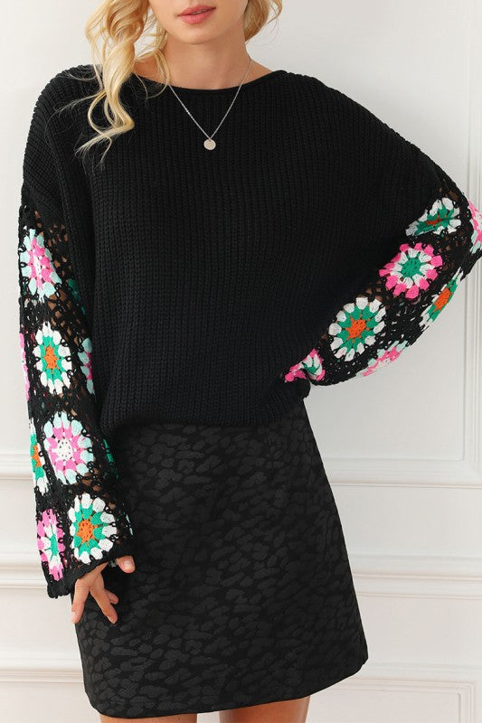 Black Floral Crochet Bell Sleeve Sweater - Relaxed Fit Boho Style