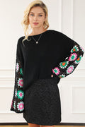 Black Floral Crochet Bell Sleeve Sweater - Relaxed Fit Boho Style