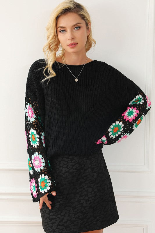 Black Floral Crochet Bell Sleeve Sweater - Relaxed Fit Boho Style