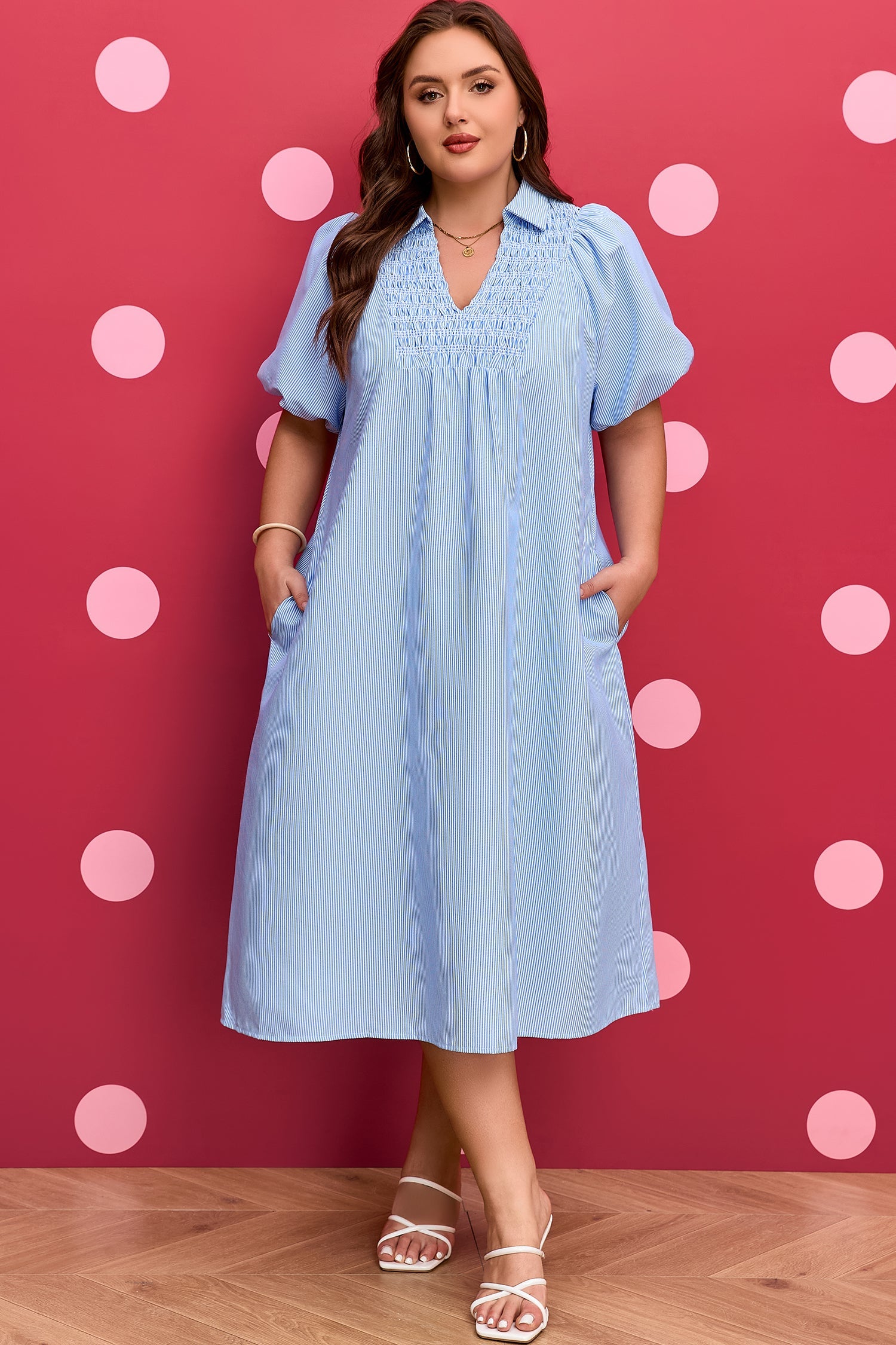 Plus Size Striped Shirred Midi Dress with Puff Sleeves