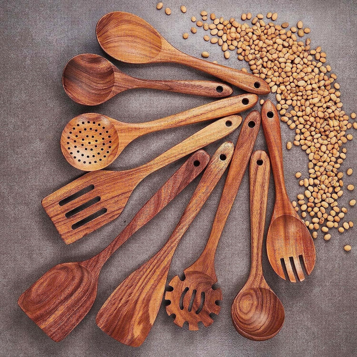Premium Teak Wood Kitchen Utensil Set - 9-Piece Heat-Resistant Cooking Tools