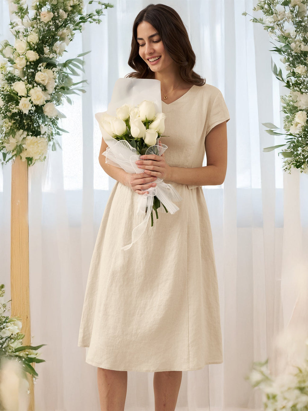 ALEXA 100% Linen V-Neck Midi Dress with Waist Pleats