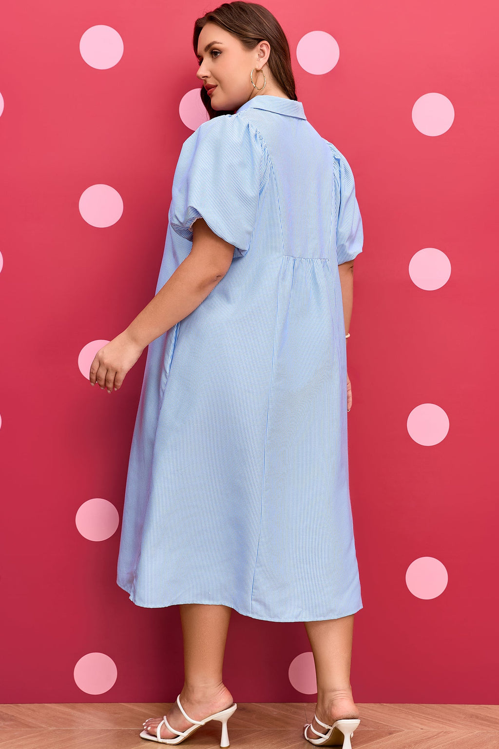 Plus Size Striped Shirred Midi Dress with Puff Sleeves