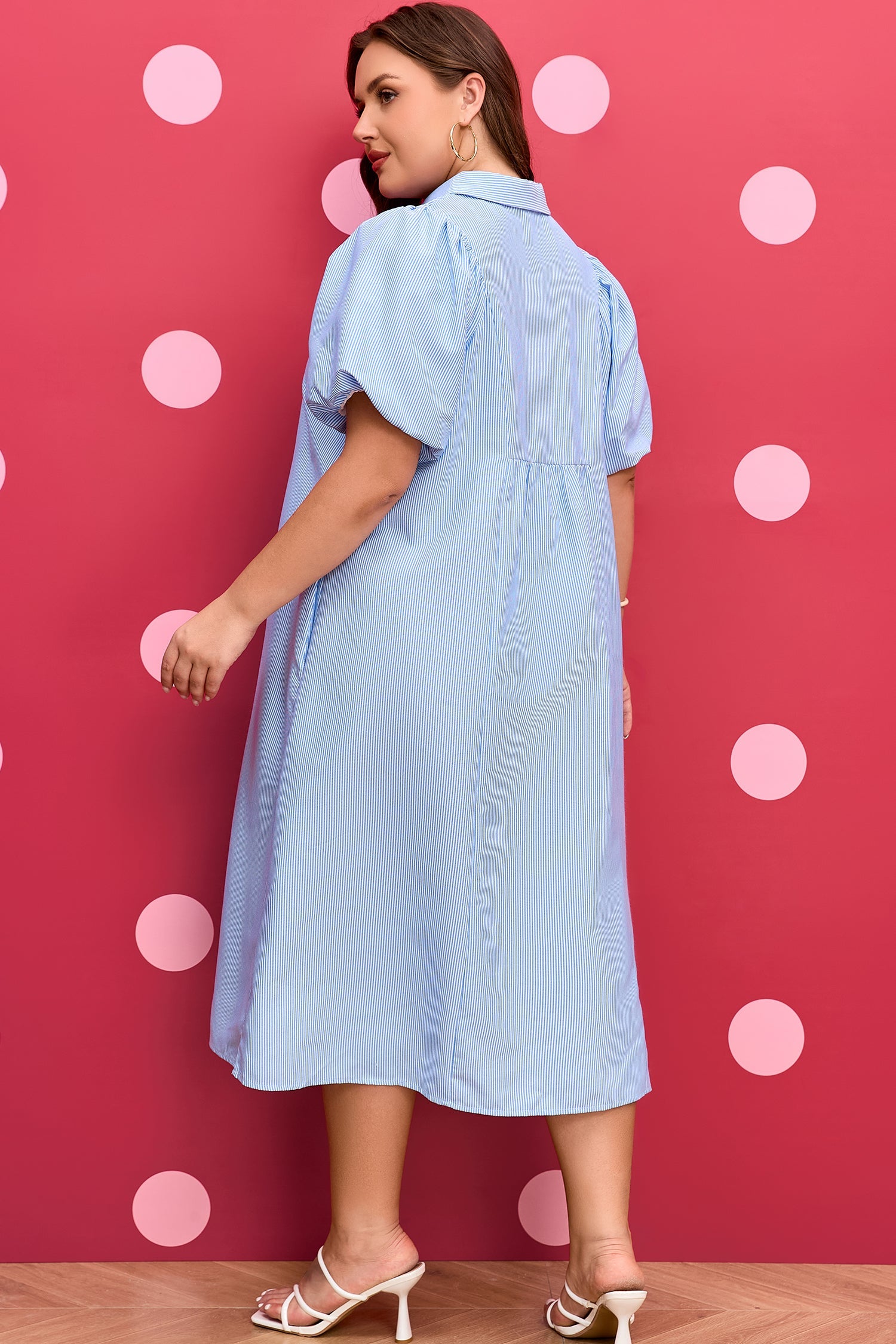 Plus Size Striped Shirred Midi Dress with Puff Sleeves