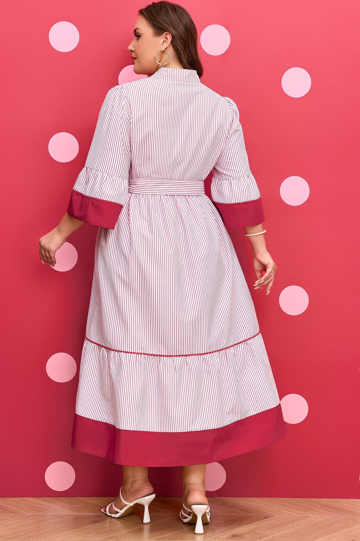 Plus Size Pinstripe Midi Dress with Ruffle Hem & Tie Belt