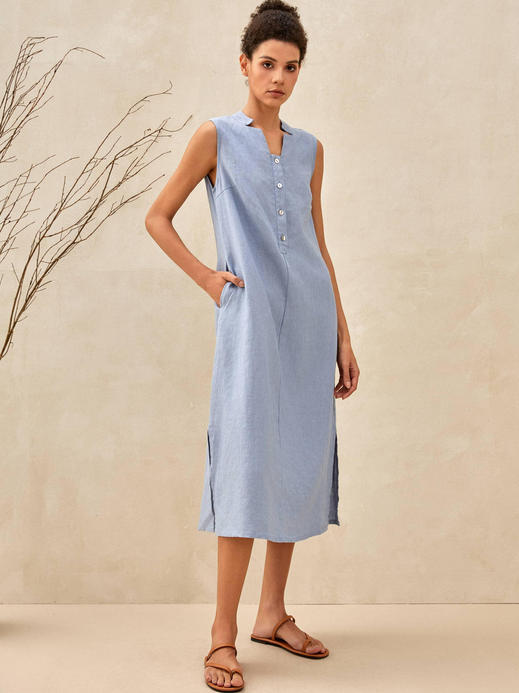 TAYLOR 100% Linen Sleeveless Button-Front Maxi Dress with High Slit