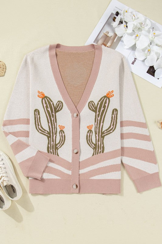 Plus Size Western Cactus Cardigan - Button Front Print Sweater