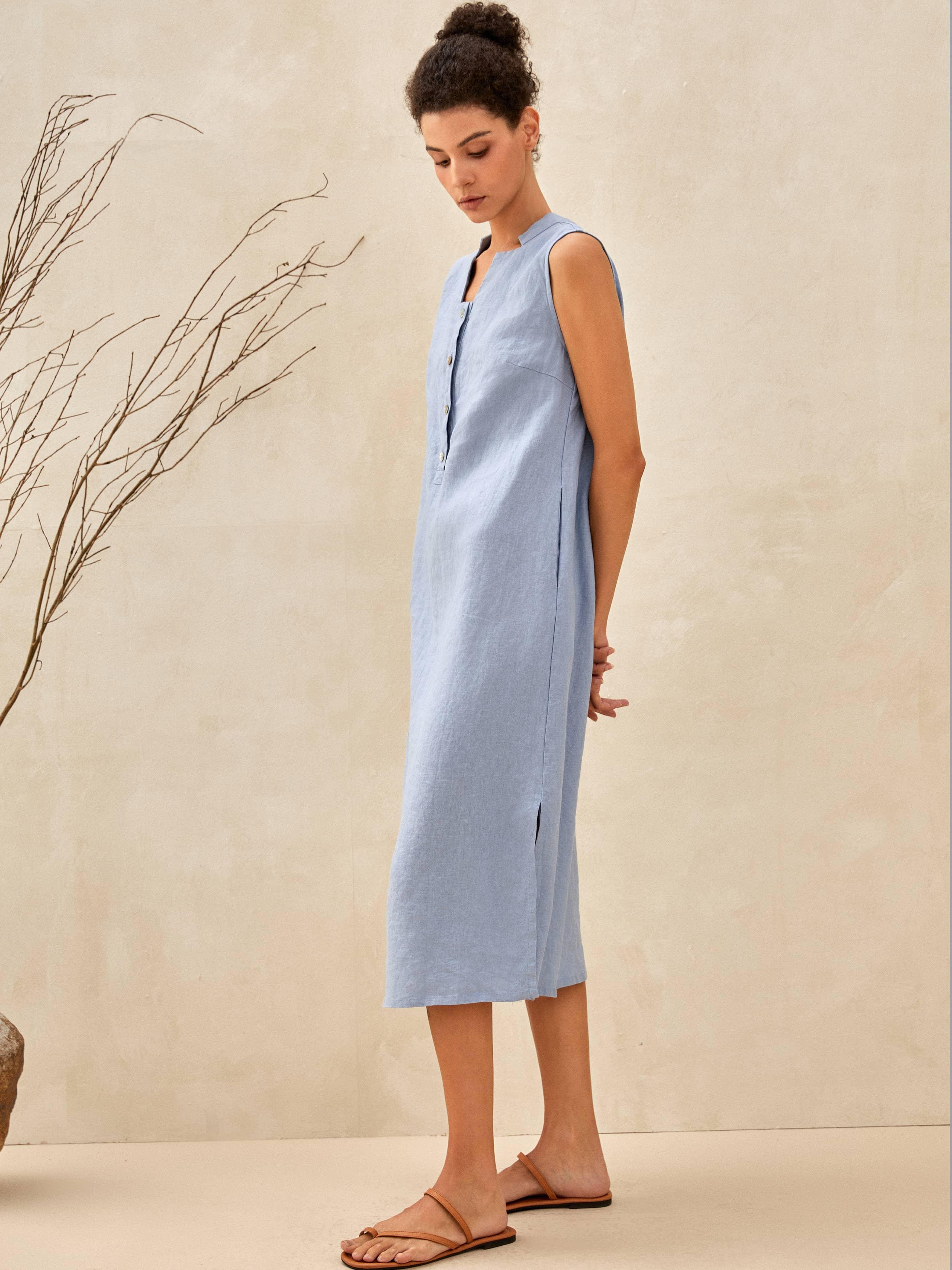 TAYLOR 100% Linen Sleeveless Button-Front Maxi Dress with High Slit