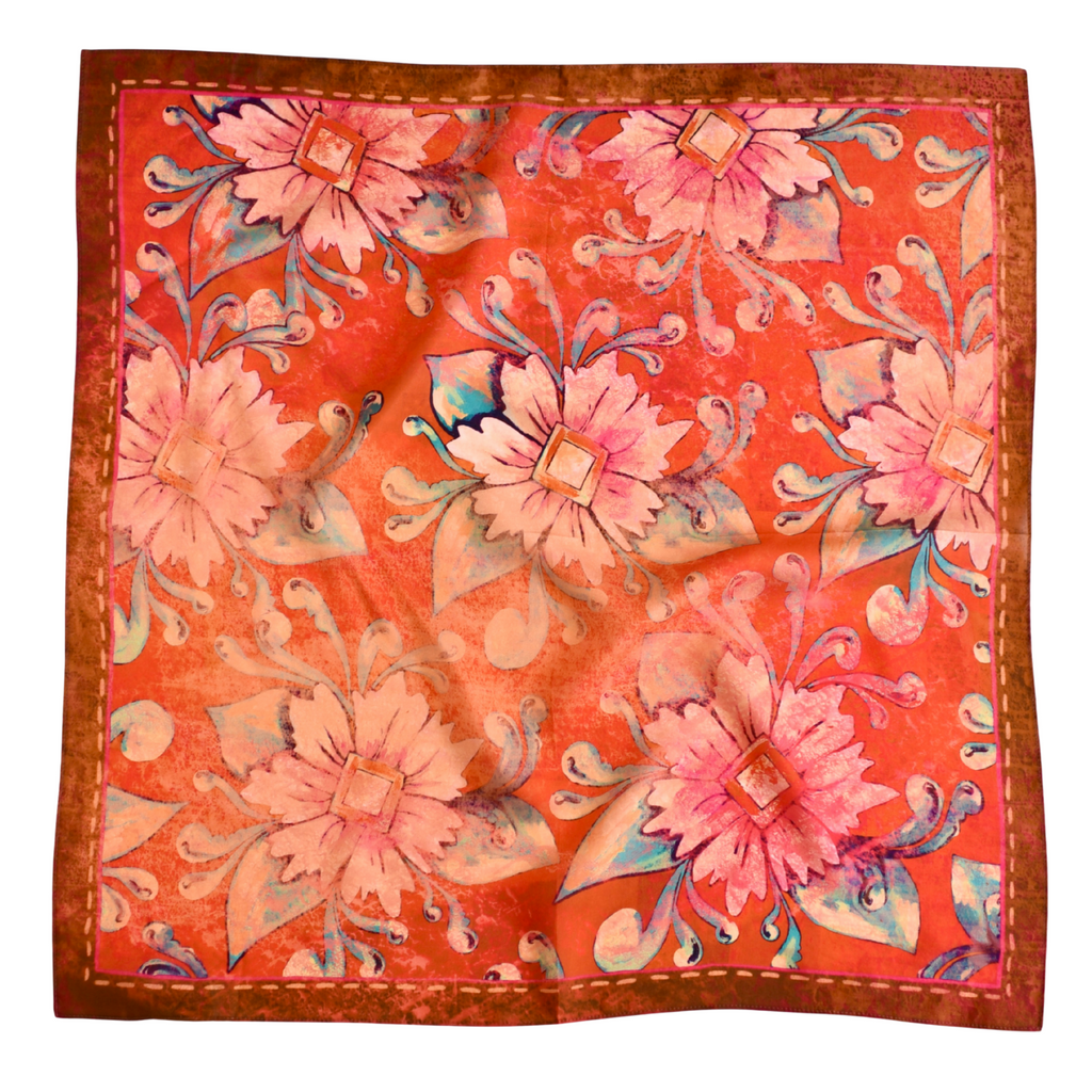Rust Rodeo Red Floral Silk Western Cowgirl Wild Rag Scarf