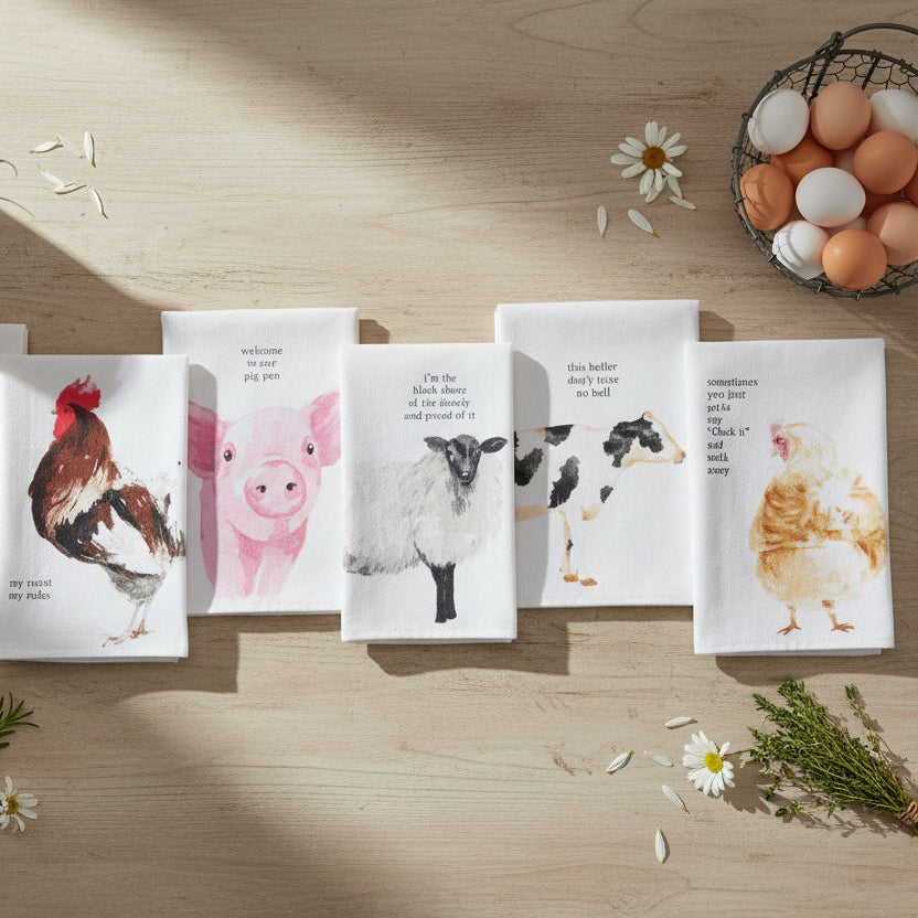 Mud Pie Farm Animal Hand Towels - Funny Cow & Chicken Kitchen Towels Set