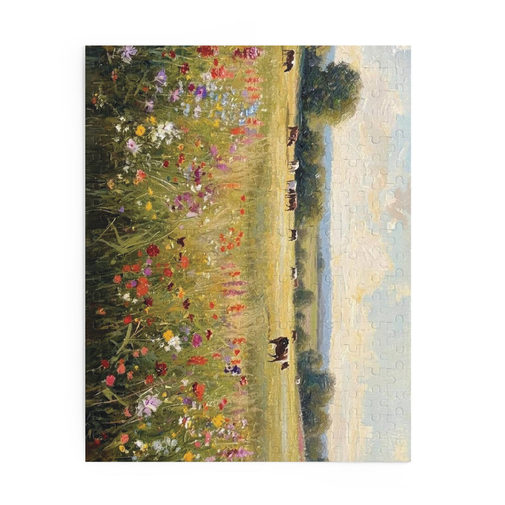 Pasture Puzzle - Cows & Wildflowers Oil Painting | 120, 252, or 500 Pieces