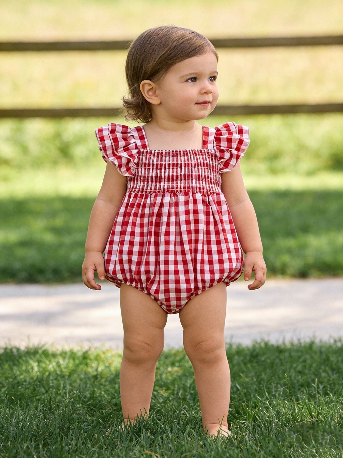 Girls Summer Plaid Smocked Ruffle Romper - Matching Sibling Outfits Available