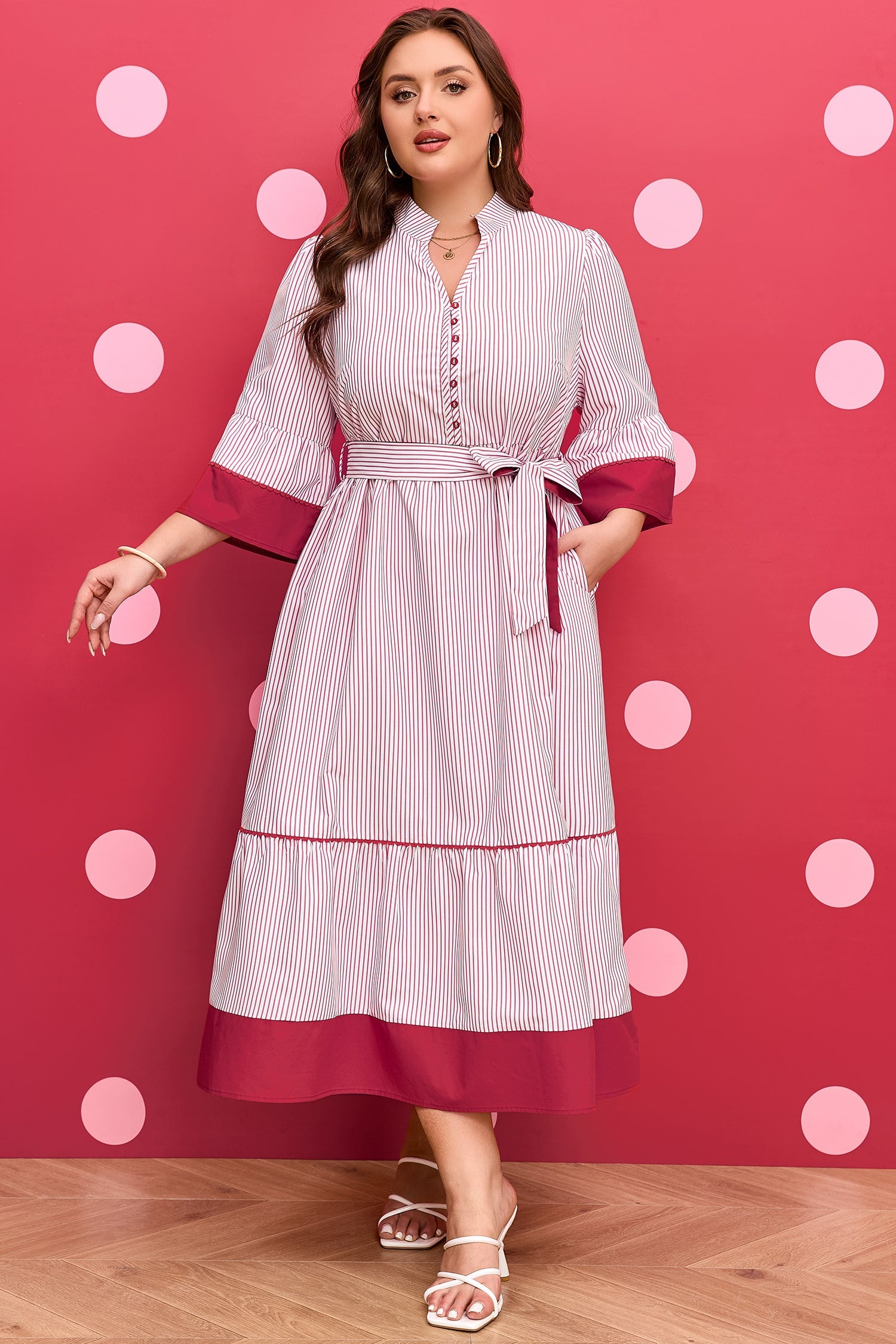Plus Size Pinstripe Midi Dress with Ruffle Hem & Tie Belt