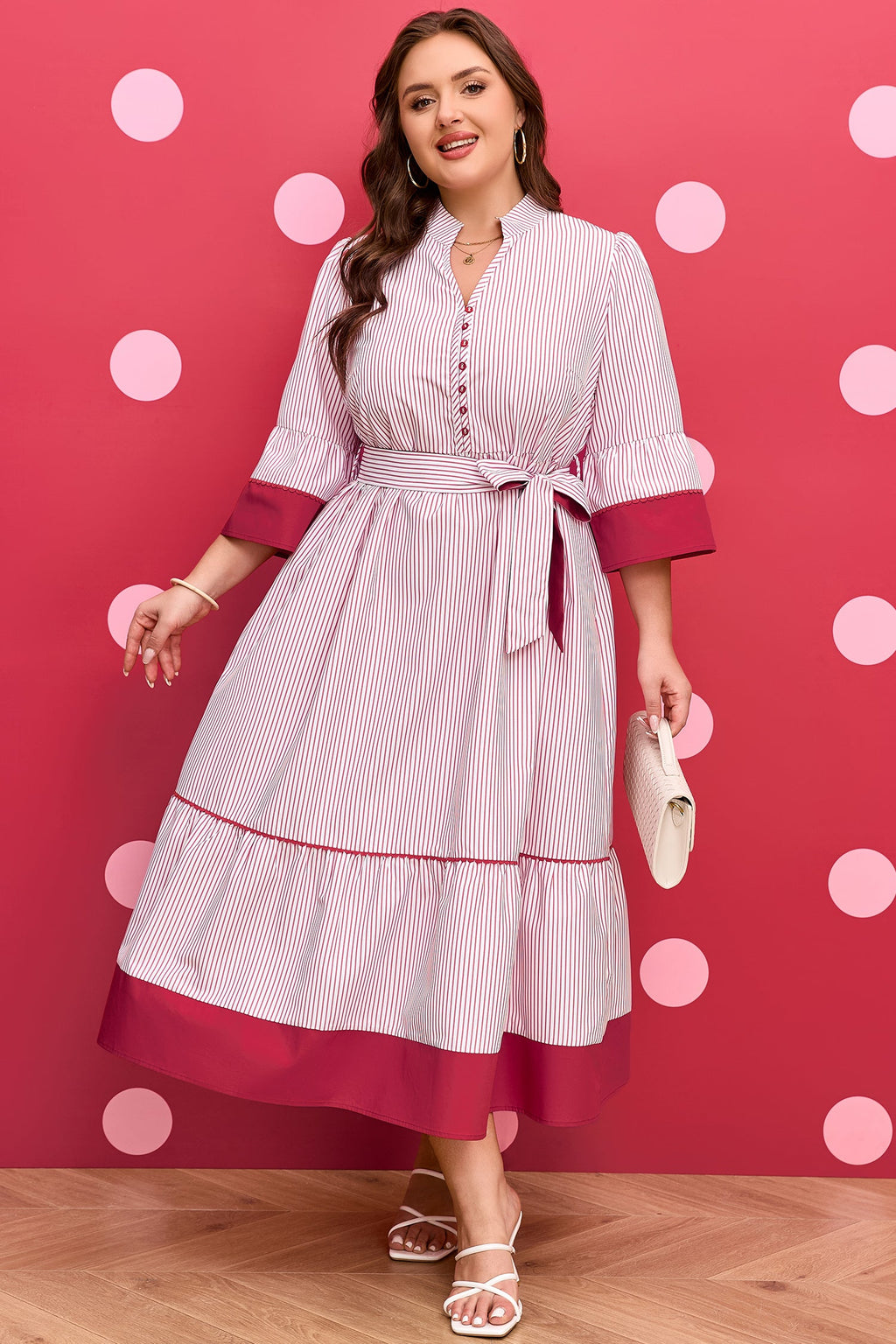 Plus Size Pinstripe Midi Dress with Ruffle Hem & Tie Belt