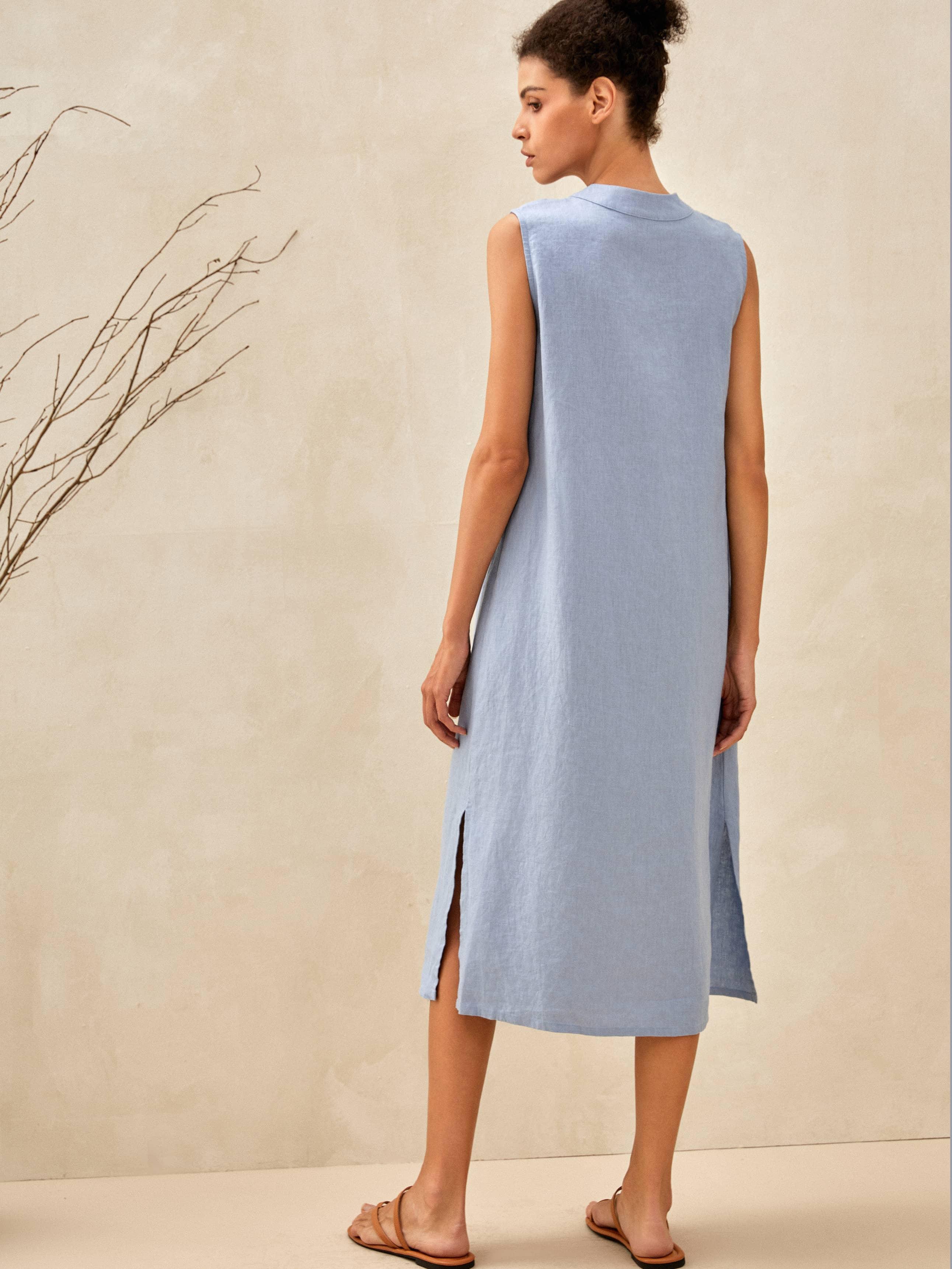 TAYLOR 100% Linen Sleeveless Button-Front Maxi Dress with High Slit