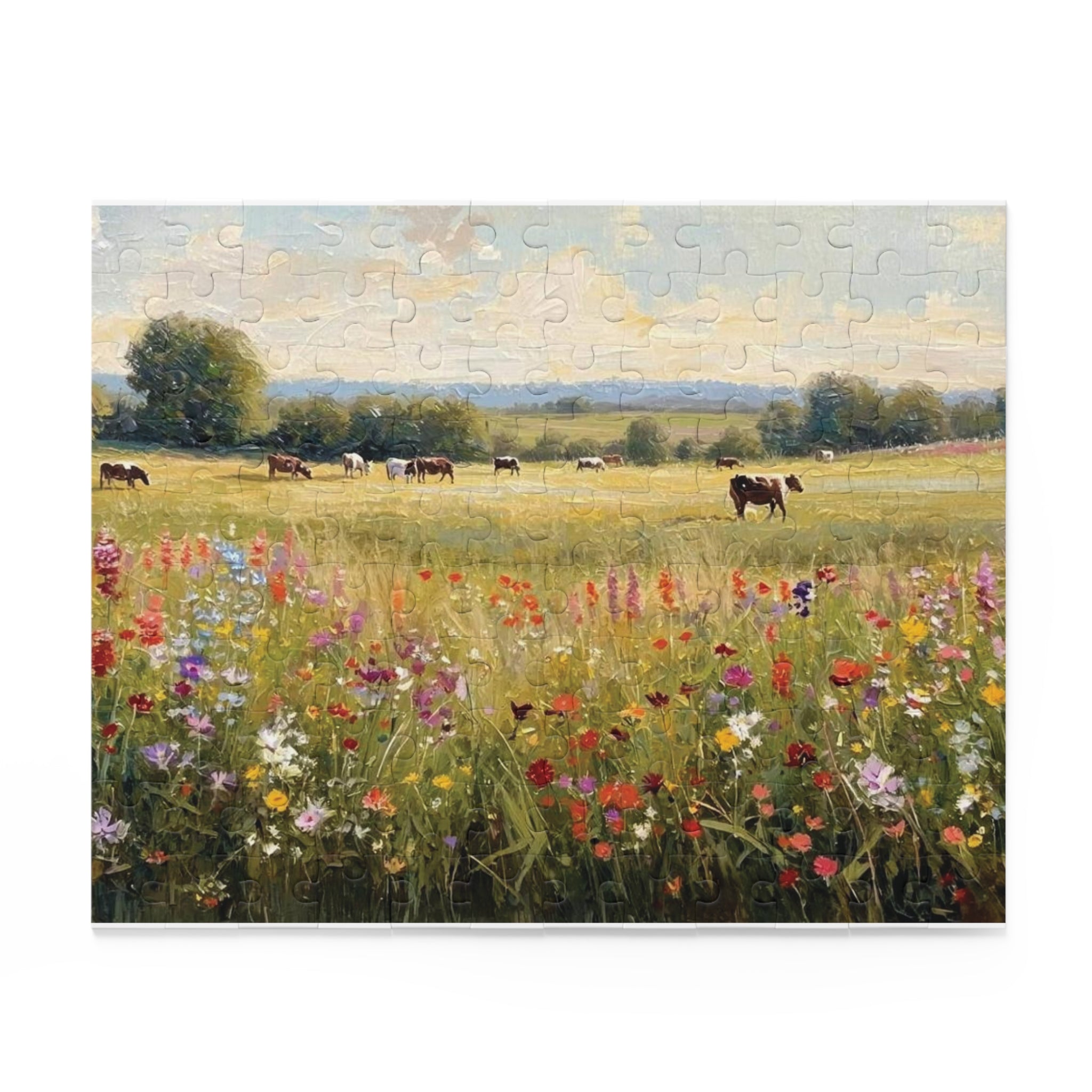 Pasture Puzzle - Cows & Wildflowers Oil Painting | 120, 252, or 500 Pieces