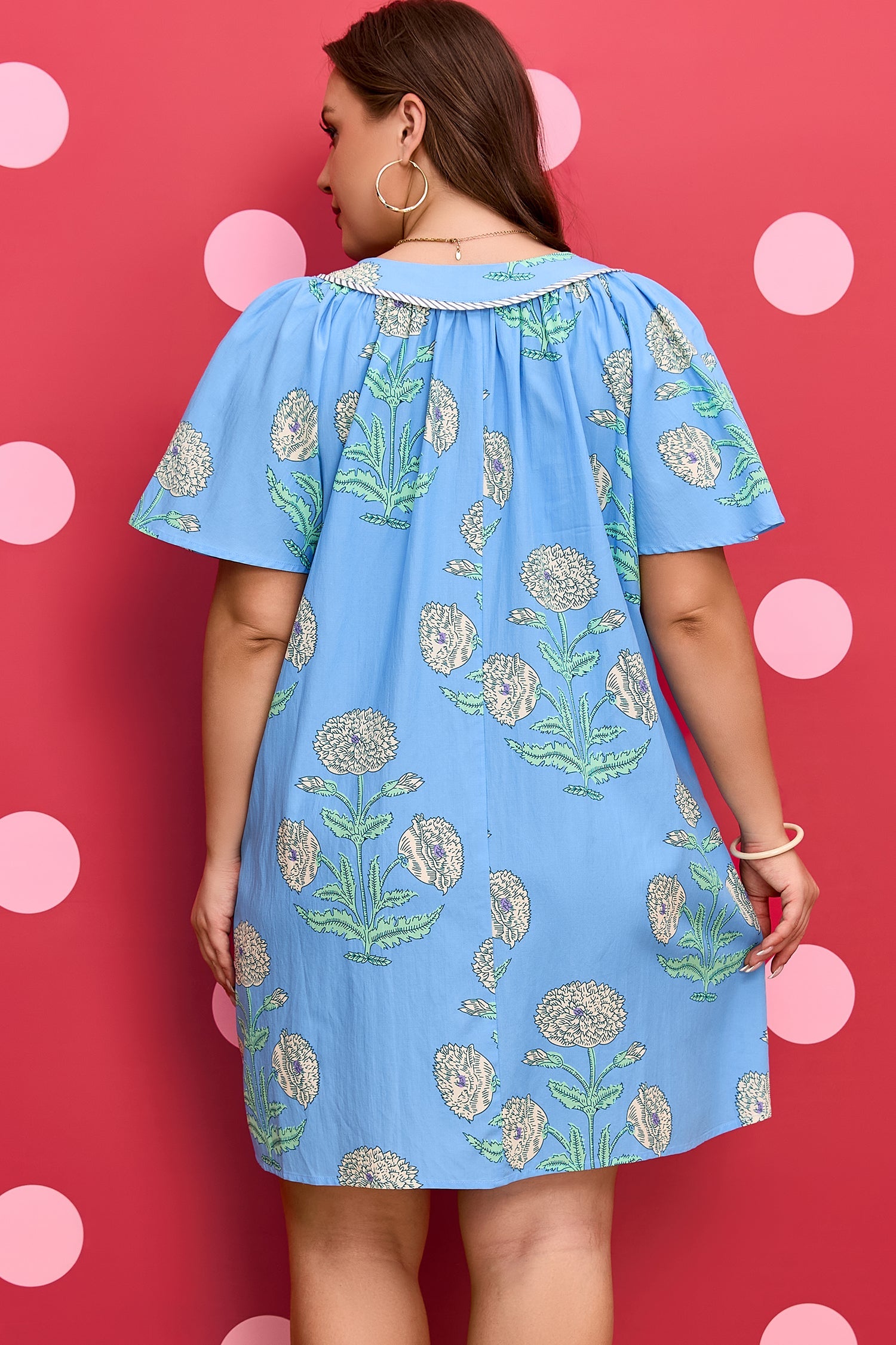 Plus Size Floral Mini Dress with Stripe Contrast Trim