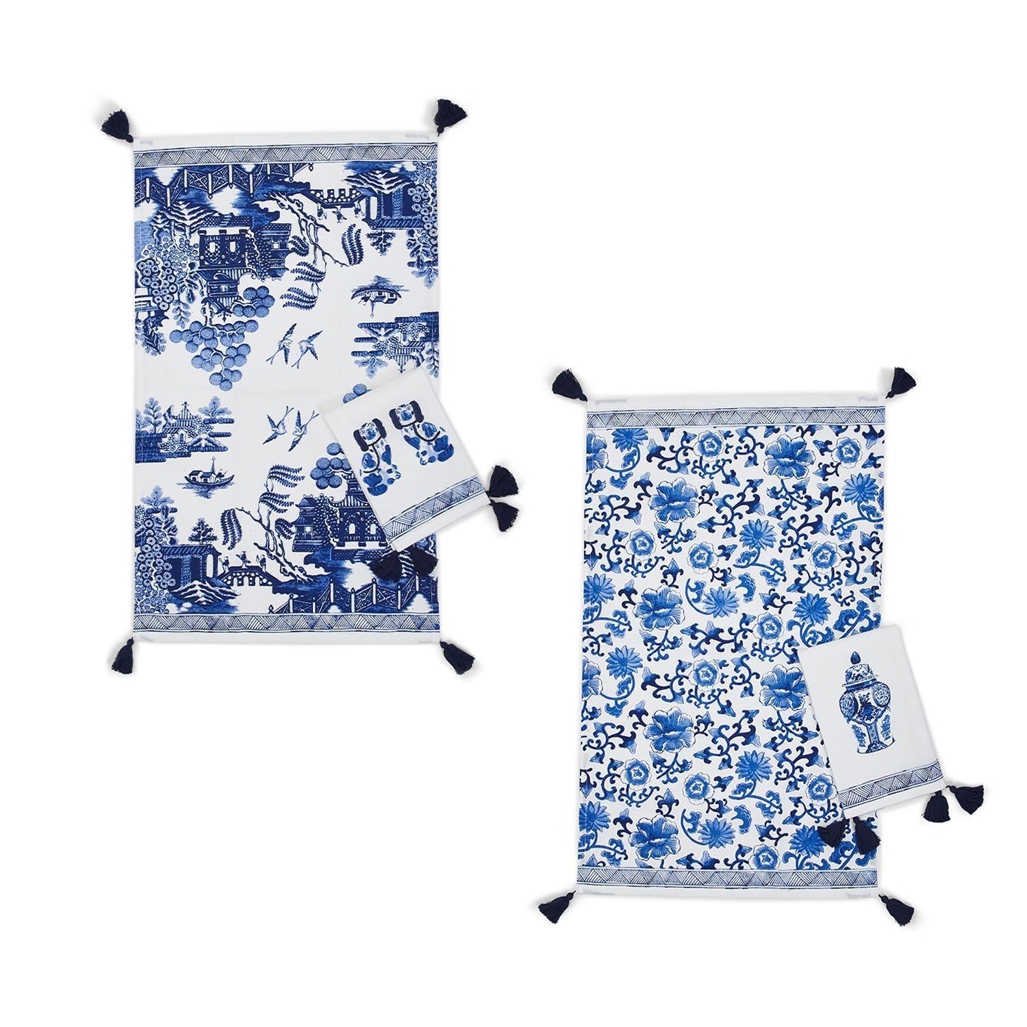 Chinoiserie Embroidered Tea Towels - Blue & White Cotton