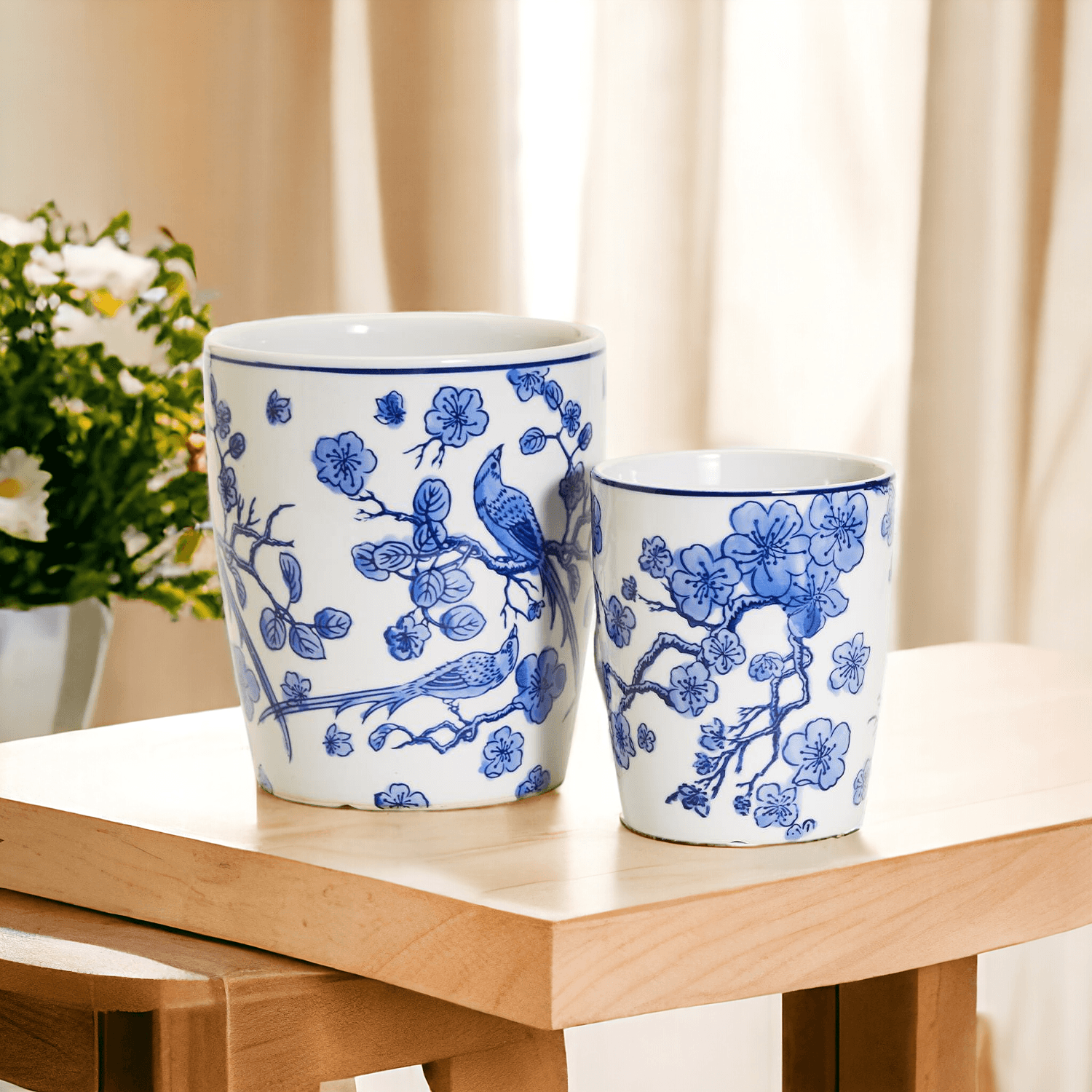Chinoiserie Blue & White Porcelain Vases - Hand-Painted