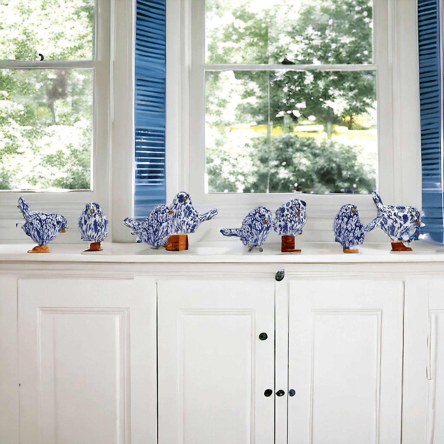 Chinoiserie Bird Figurines with Blue Floral Pattern