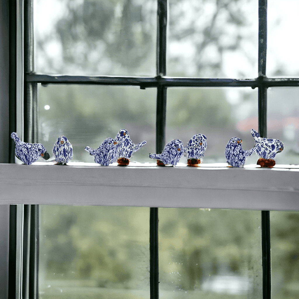 Chinoiserie Bird Figurines with Blue Floral Pattern