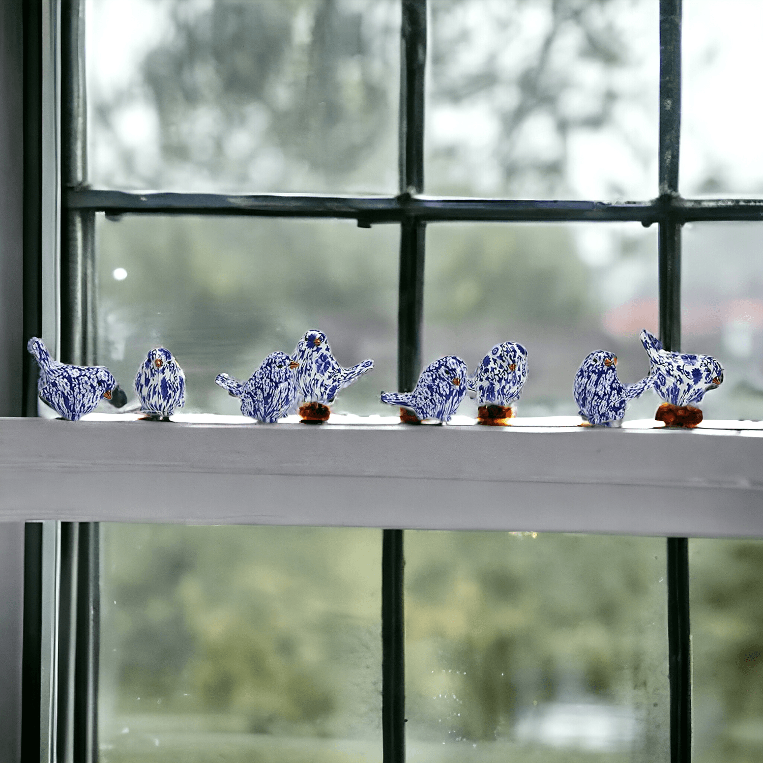 Chinoiserie Bird Figurines with Blue Floral Pattern