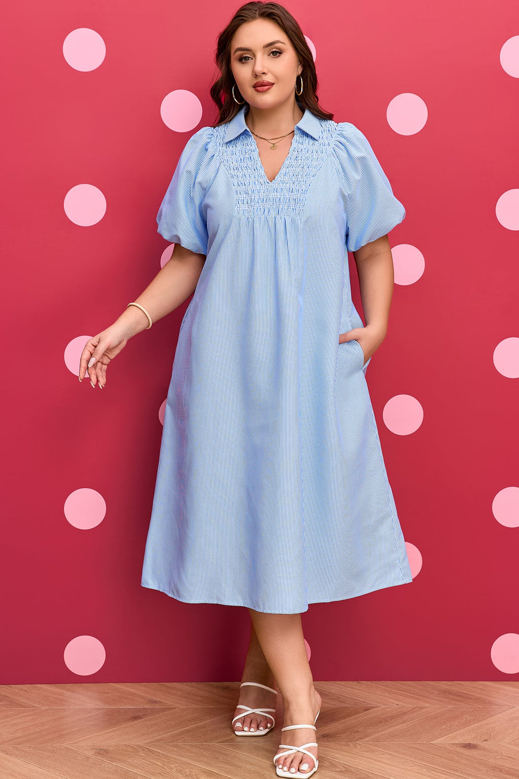Plus Size Striped Shirred Midi Dress with Puff Sleeves