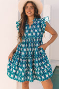 Sierra Retro Floral Mini Dress with Ruffle Sleeves