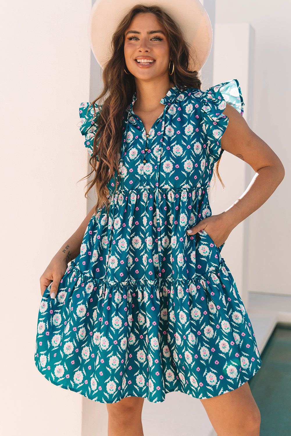 Sierra Retro Floral Mini Dress with Ruffle Sleeves