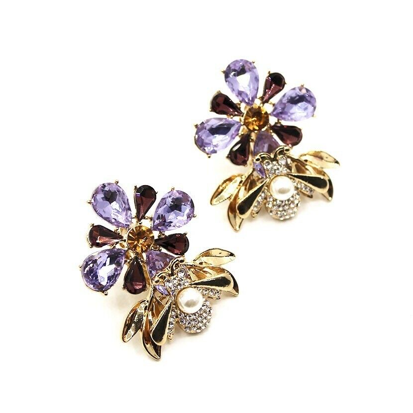 Purple Bee Statement Clip-On Earrings with Gemstones & Rhinestones