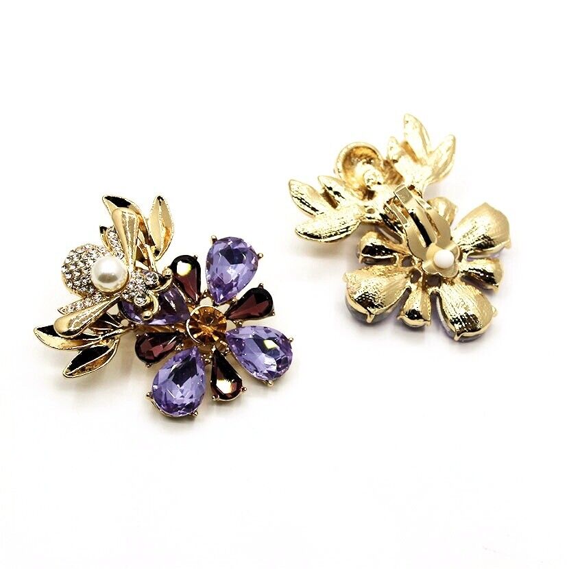Purple Bee Statement Clip-On Earrings with Gemstones & Rhinestones