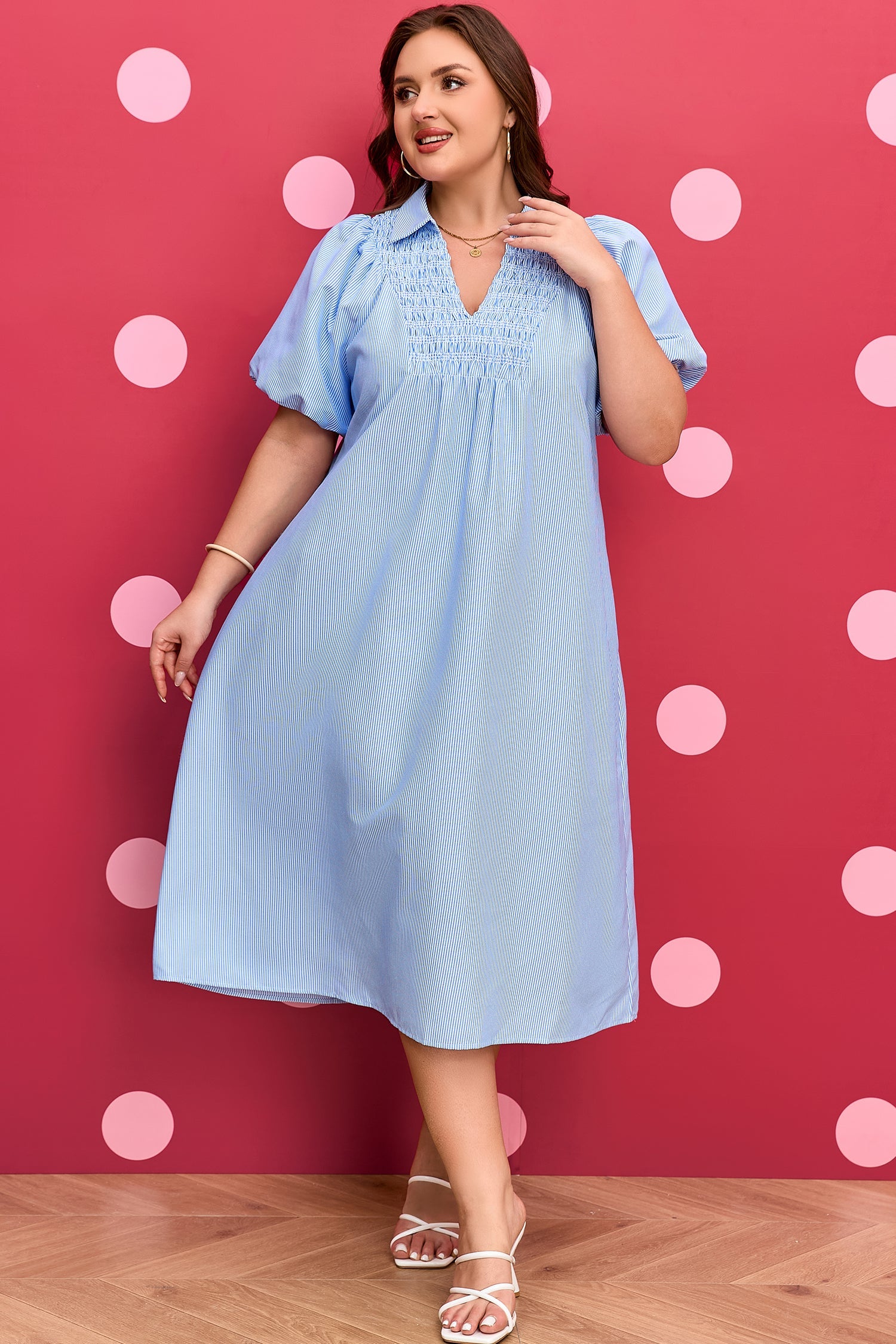 Plus Size Striped Shirred Midi Dress with Puff Sleeves