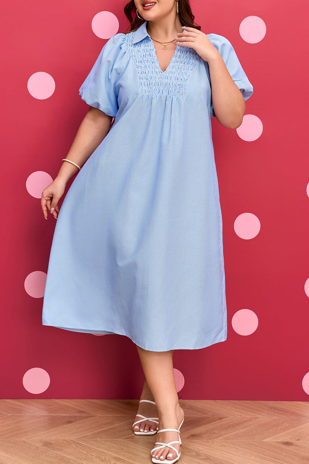 Plus Size Striped Shirred Midi Dress with Puff Sleeves