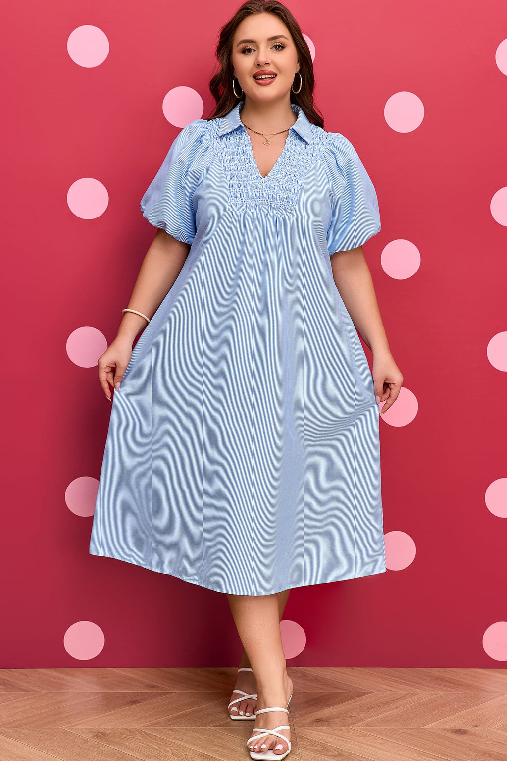 Plus Size Striped Shirred Midi Dress with Puff Sleeves