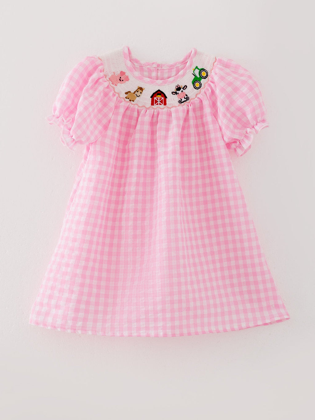 Girls Pink Farm Smocked Embroidered Dress - 100% Cotton Holiday Dress