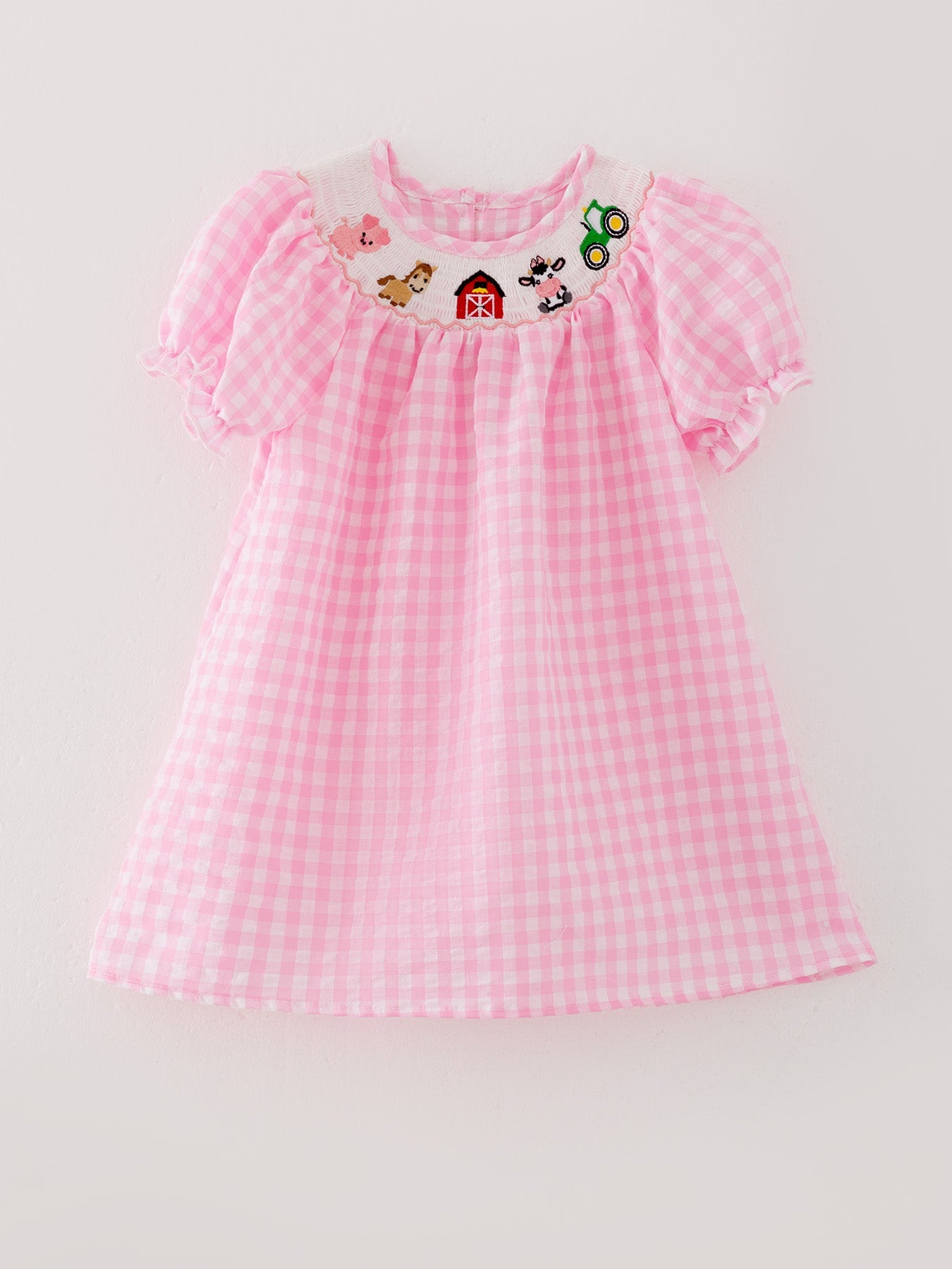 Girls Pink Farm Smocked Embroidered Dress - 100% Cotton Holiday Dress