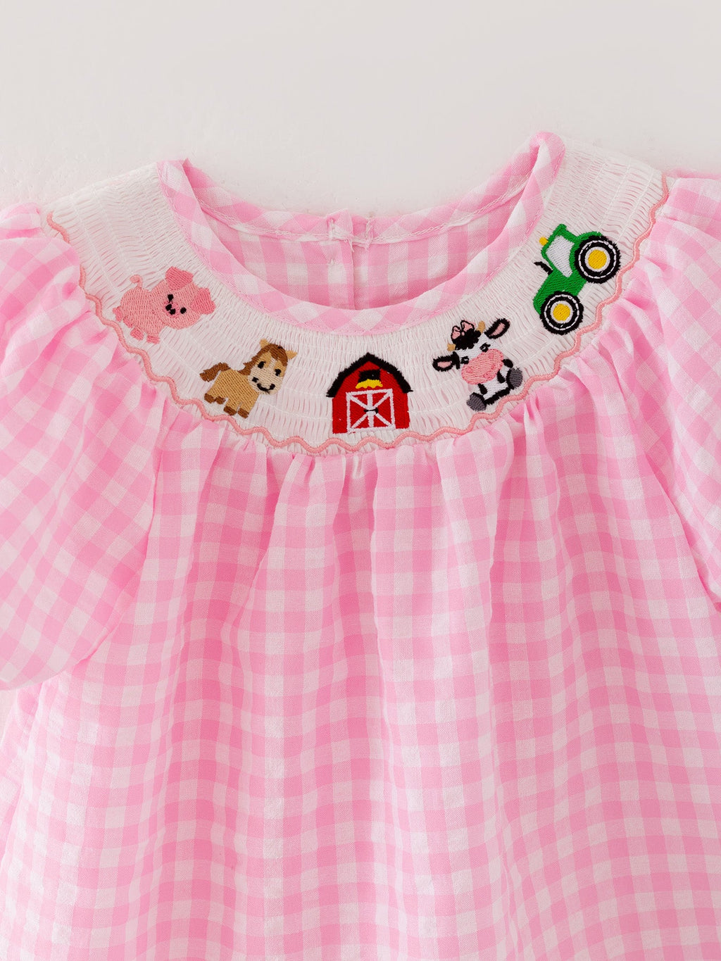 Girls Pink Farm Smocked Embroidered Dress - 100% Cotton Holiday Dress