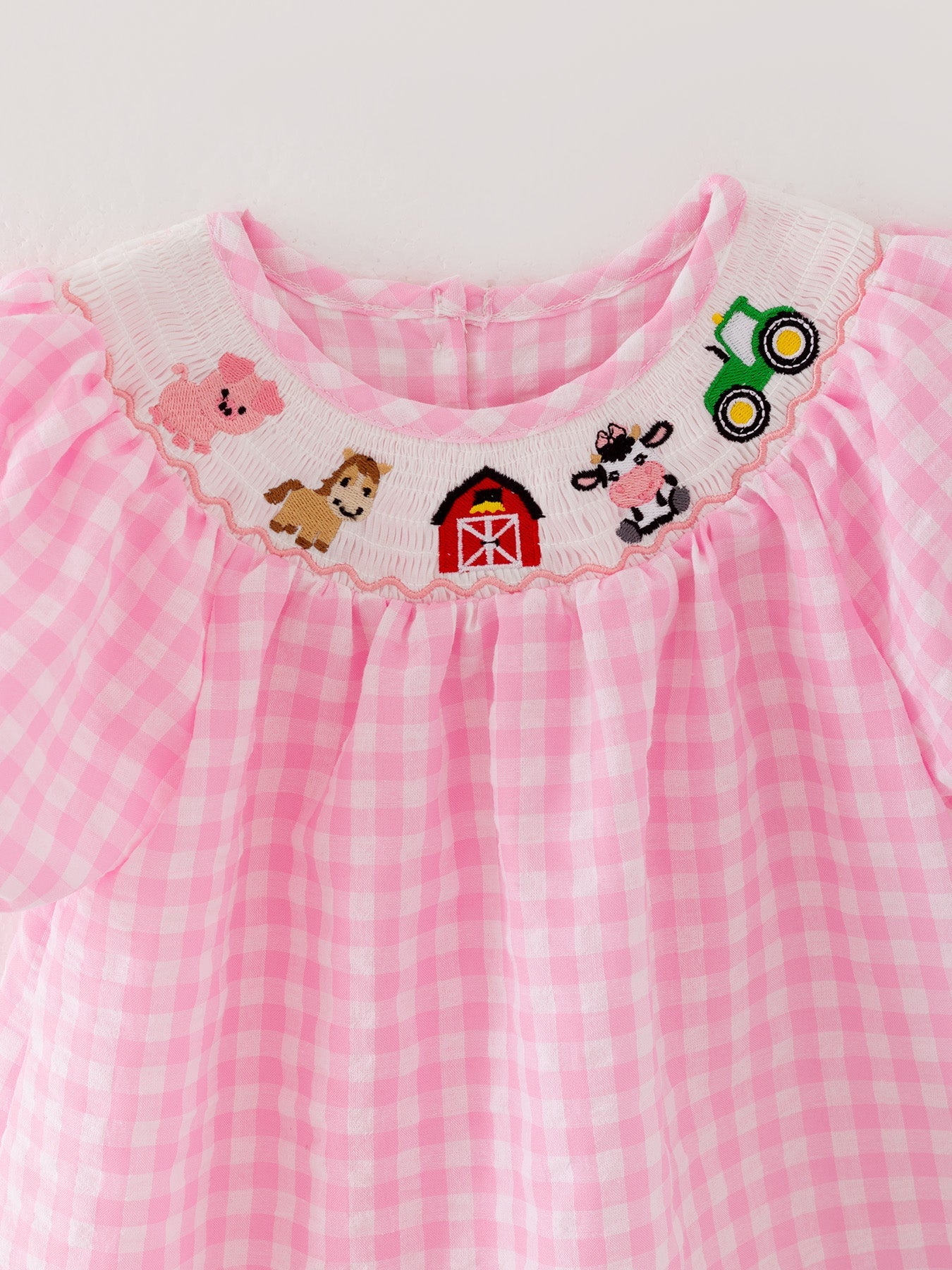 Girls Pink Farm Smocked Embroidered Dress - 100% Cotton Holiday Dress