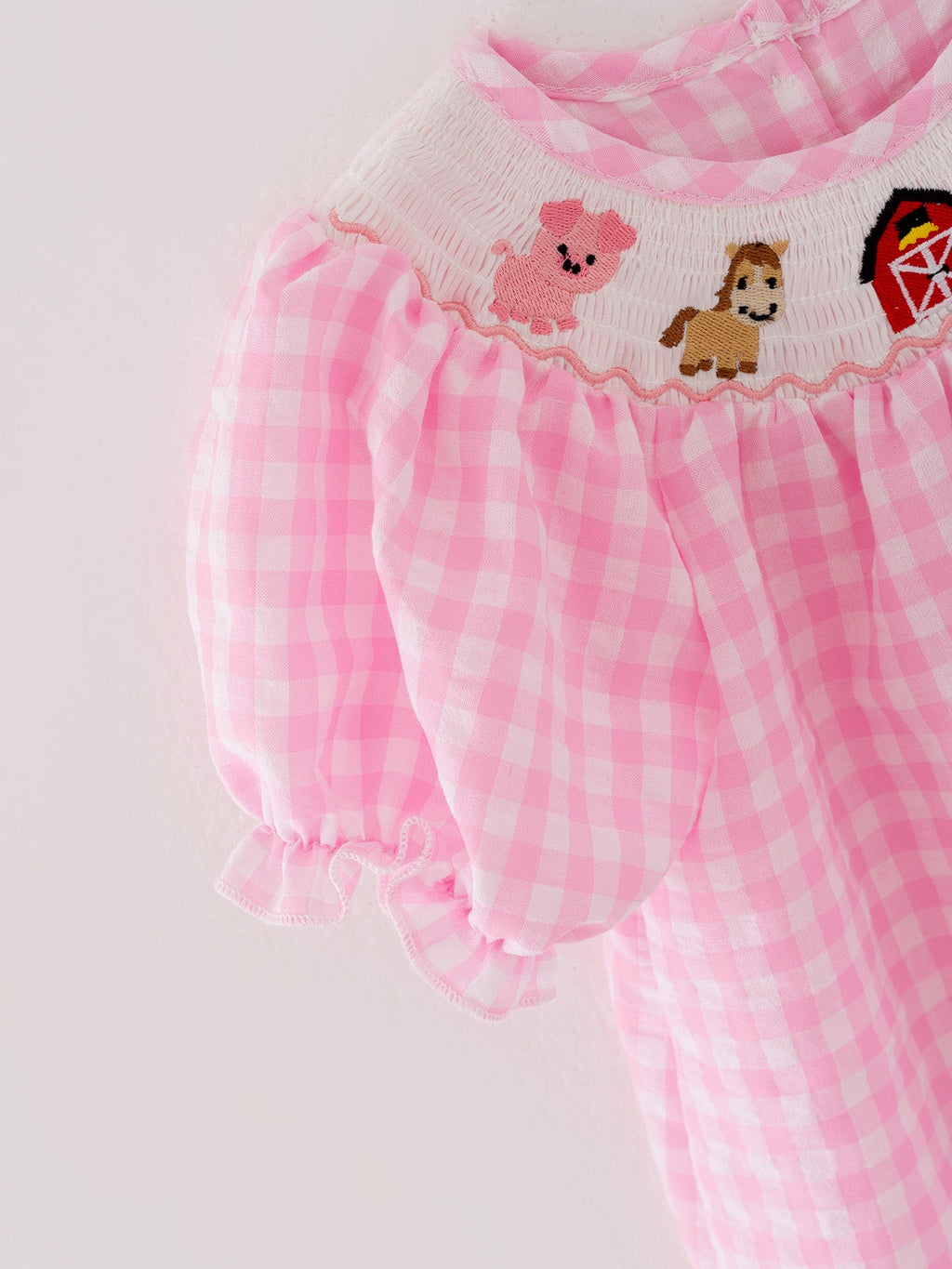 Girls Pink Farm Smocked Embroidered Dress - 100% Cotton Holiday Dress