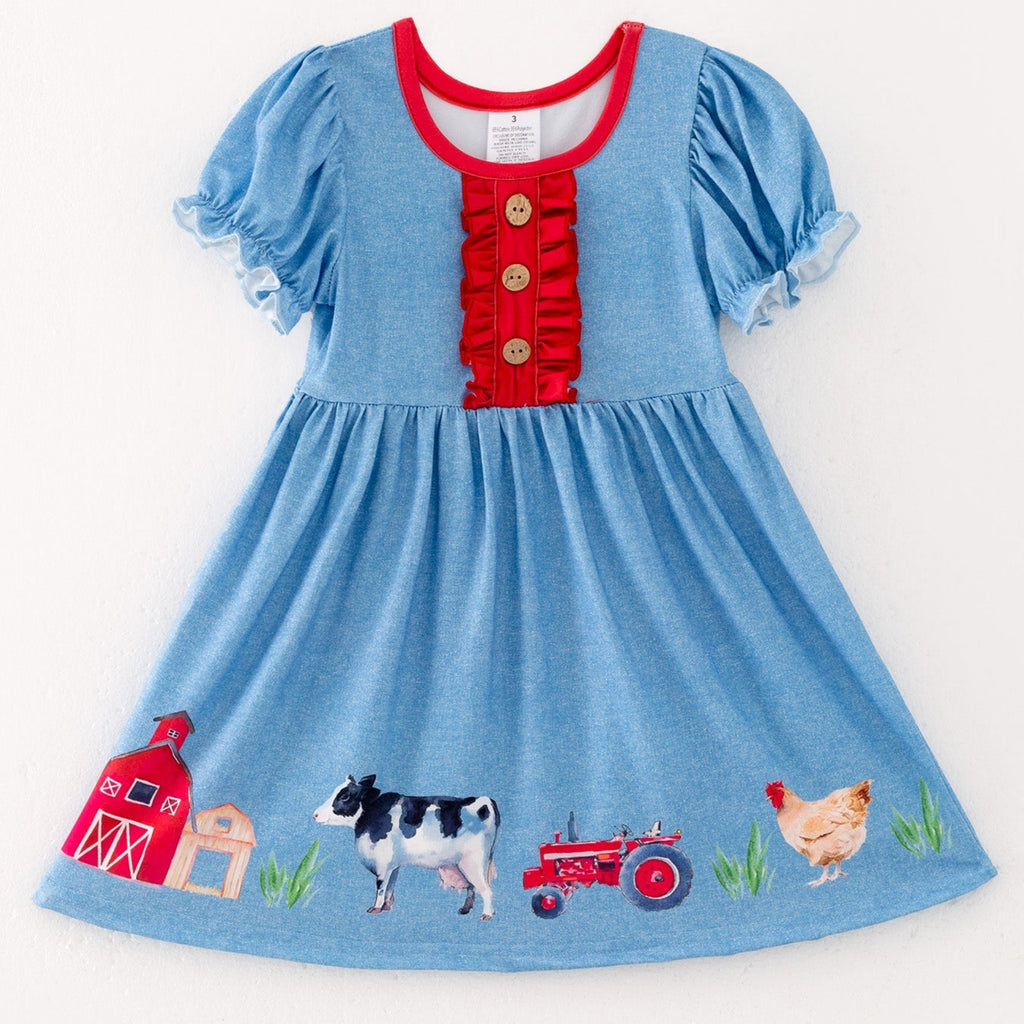 Girls Blue Farm Short Sleeve Dress - Cotton Blend Summer Dress