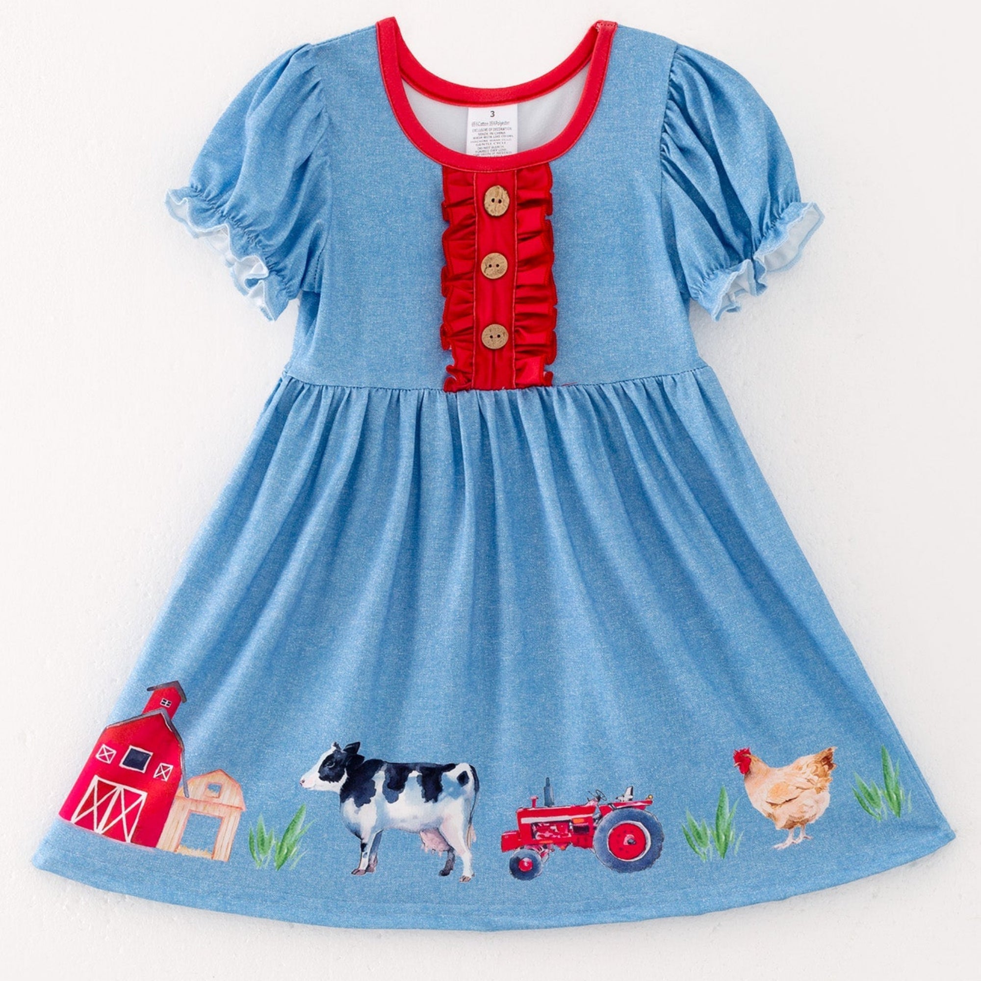 Girls Blue Farm Short Sleeve Dress - Cotton Blend Summer Dress