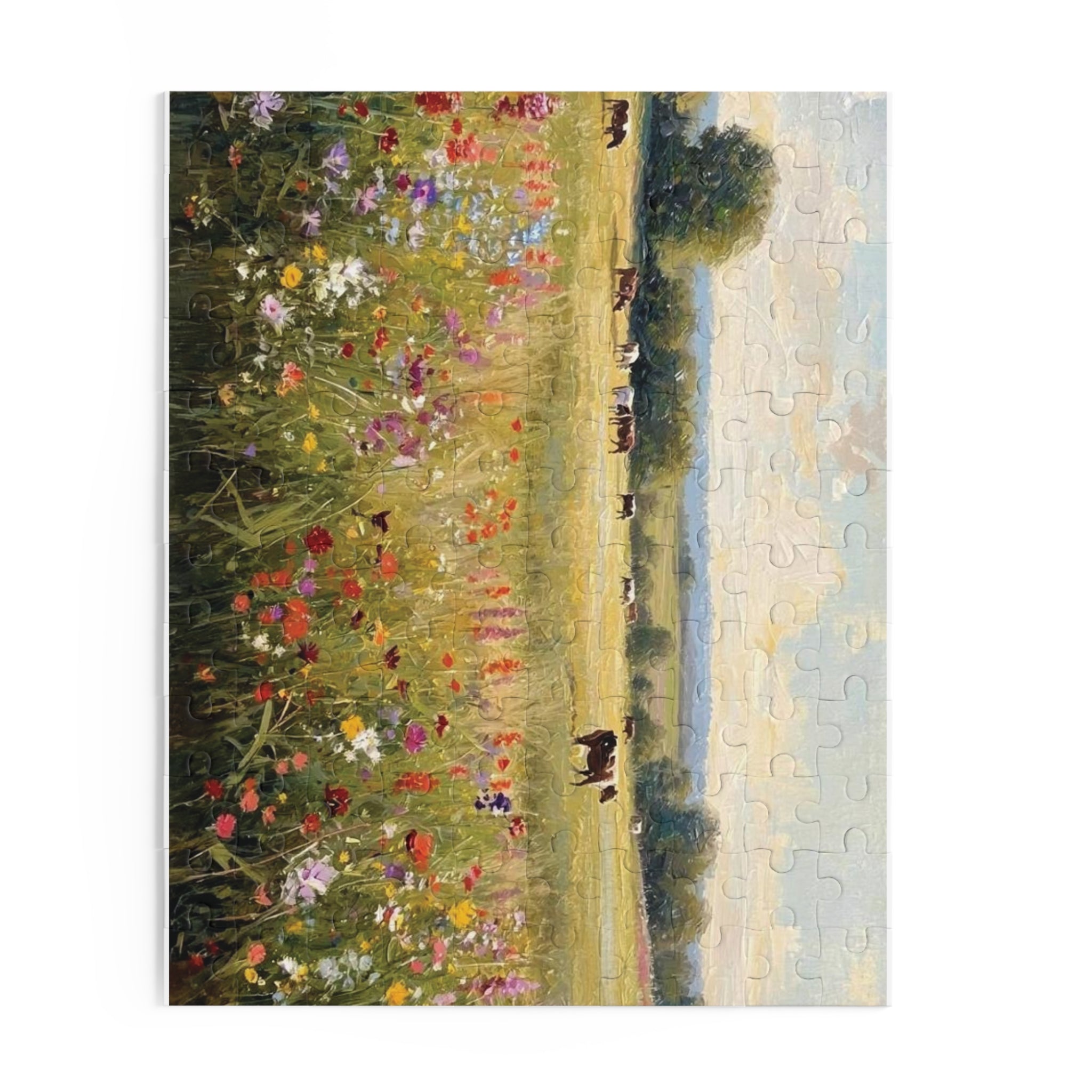 Pasture Puzzle - Cows & Wildflowers Oil Painting | 120, 252, or 500 Pieces